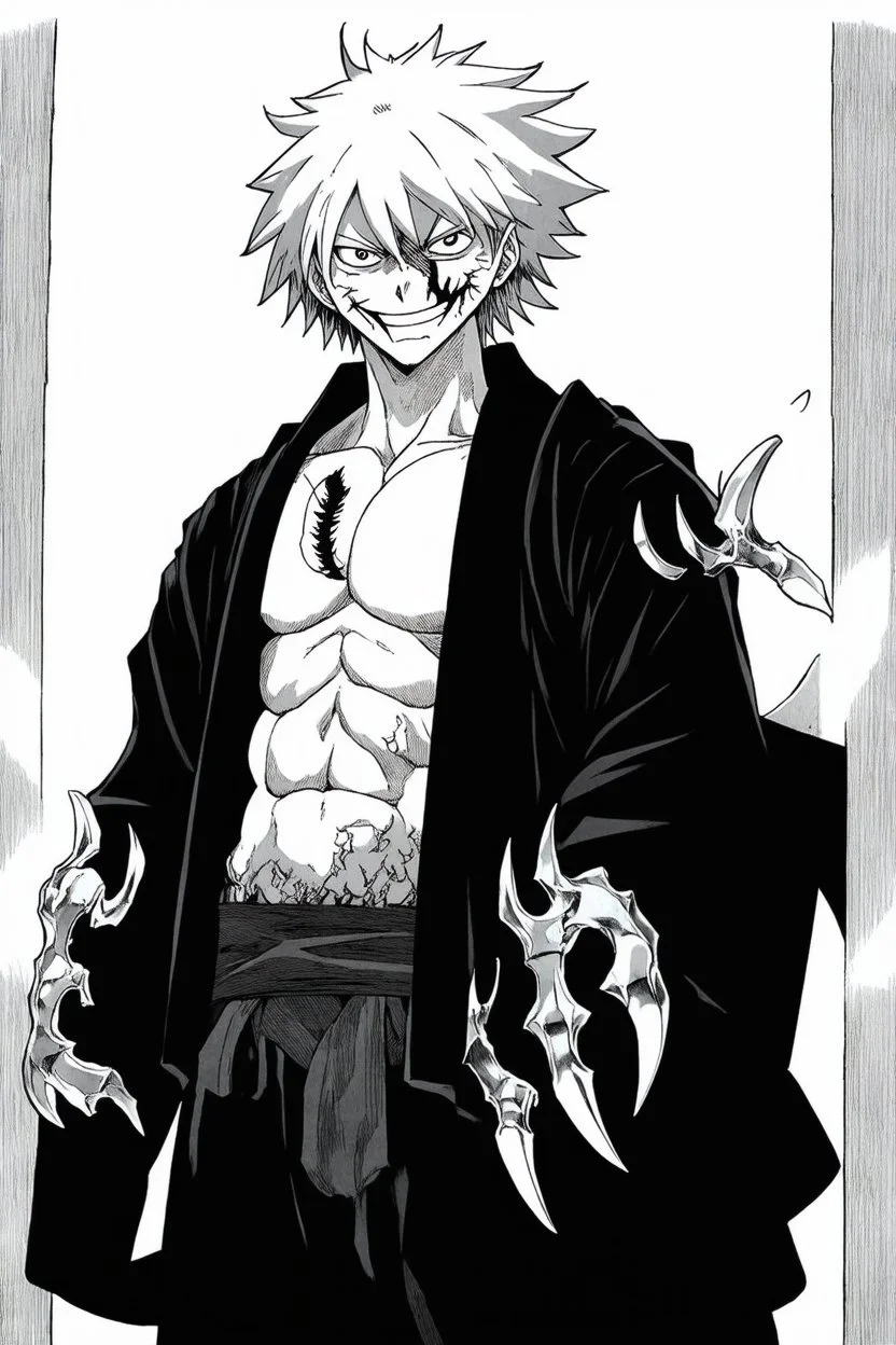 A manga-style portrait of a fierce male Shinigami from Bleach, Kazuma Saito, tall and muscular, with wild silver-gray hair, steel-colored eyes, and a scar across his left brow and cheek. He wears a tattered captain's haori of the 11th Division, open kimono revealing a dragon claw tattoo on his chest, and metallic claws (Haganetsume) on his forearms. He smirks defiantly, standing in a dynamic pose with silver reiatsu swirling around him.
