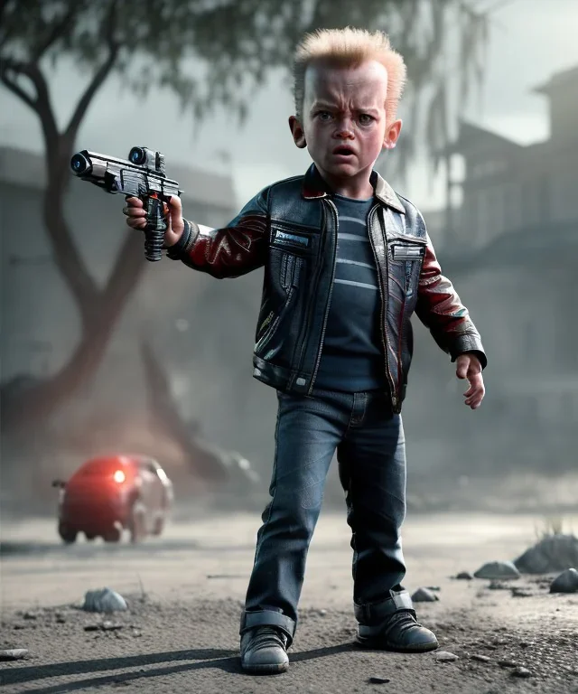 The Terminator toddler, fixed eye, full body, dramatic lighting, angry, hyper realistic