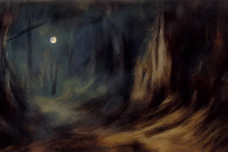 night, forest, cliff, 2000's gothic horror movies influence, otto pippel impressionism paintings