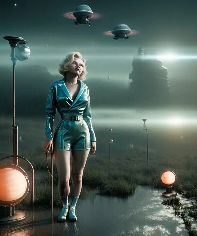 Ultra Realistic retro sci-fi 1960 scene, waist up view portrait, blonde woman, sweet young Marilyn Monroe face, perfect iris, tight latex coat, Strange planet background, Retro sci-fi tight style, sphere dron, fog, rain, soft color, highly detailed, unreal engine 5, ray tracing, RTX, lumen lighting, ultra detail, volumetric lighting, 3d, finely drawn, high definition, high resolution.