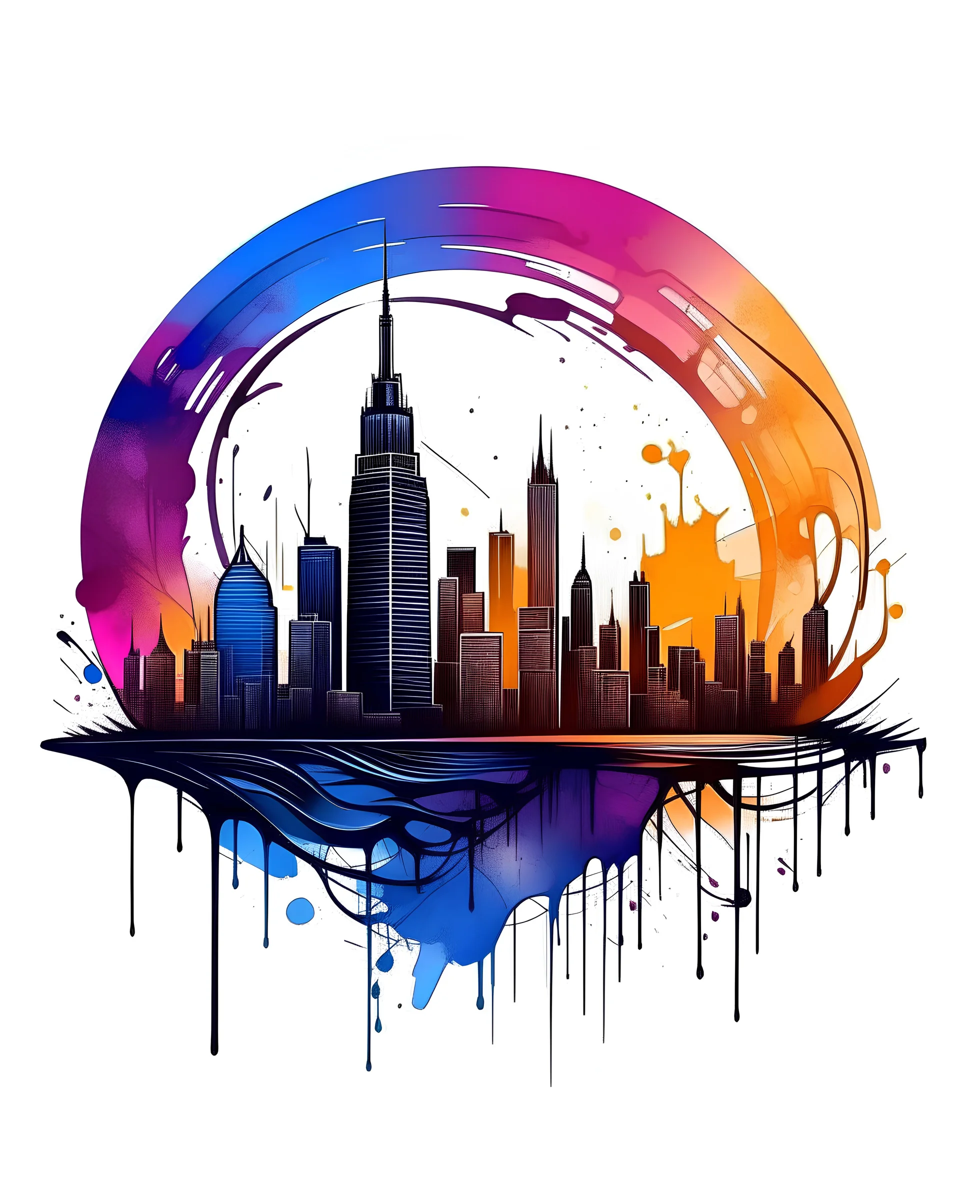 logo on transparent background paper, chromatic, zoom, sharp, realistic, splash of colors on a white background, a detailed golden purple sunset fire style, detailed realistic earth, new york skyline with light blue water, graffiti elements, powerful zen composition, dripping technique, & the artist has used bright, clean elegant, with blunt brown, 4k, detailed –n 9, ink flourishes, liquid fire, clean white background, zoom in, close-up, make it as a sticker