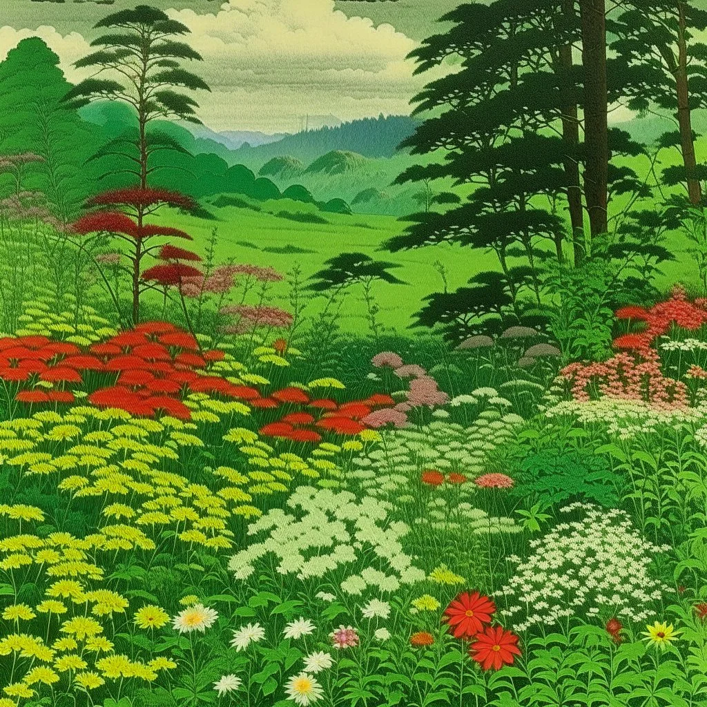 A green meadow with beautiful flowers painted by Utagawa Hiroshige