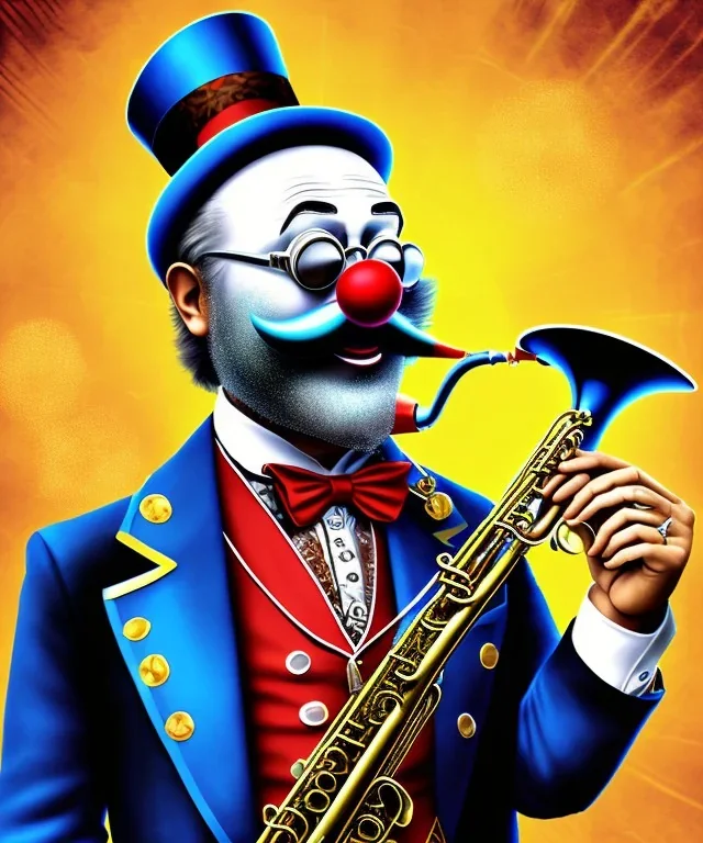 mechanoid happy old friendly fat clown with trimmed beard playing jazz with a steampunk theme, trumpet, realistic