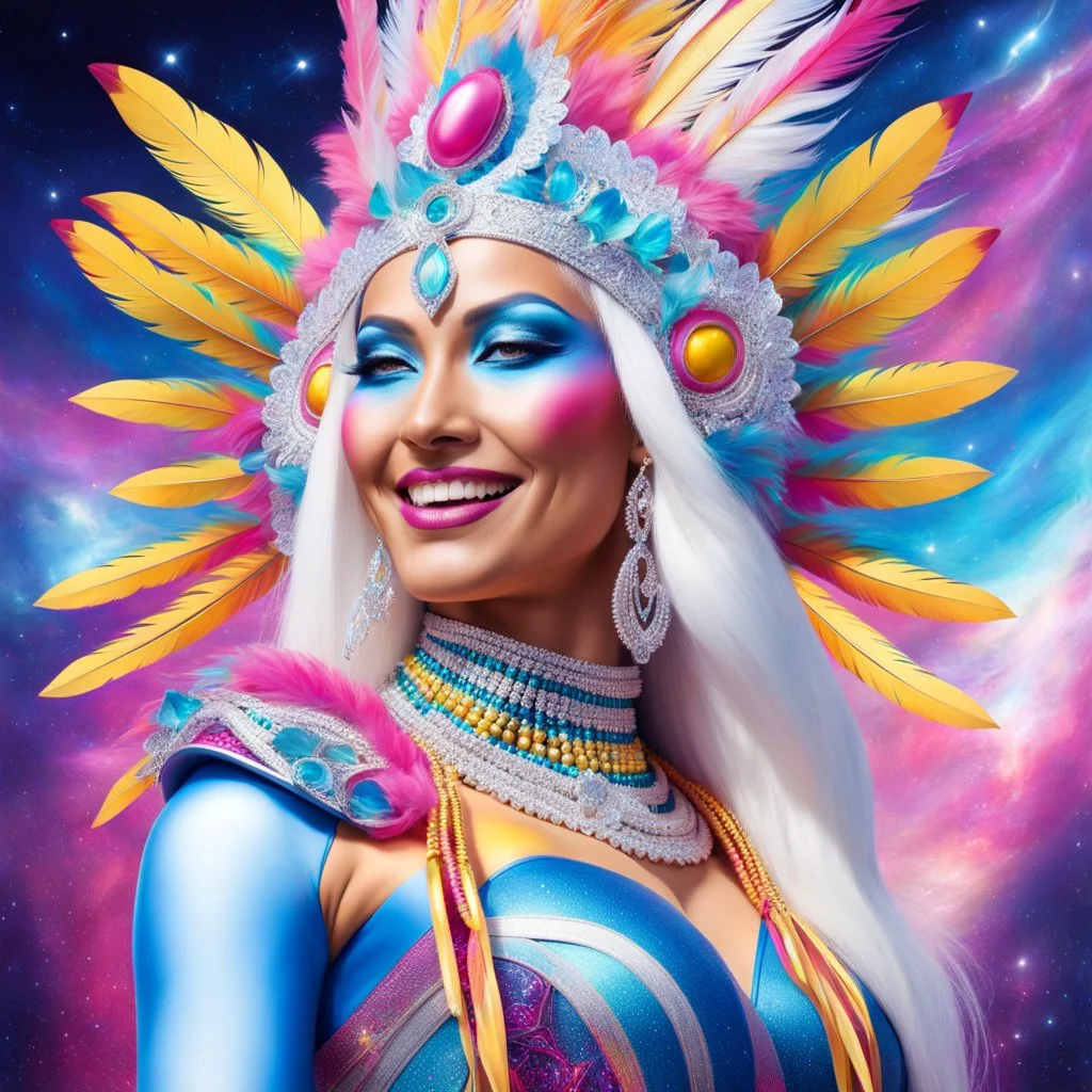 full body photorealistic portrait of a beautiful smiling amazonian carnival spiritual goddess with long parma white hair, colorful feathers tight hips with a tron like body suit tribute to the galaxy in a cosmic surounding only blue , pink and yellow, crystal jewels