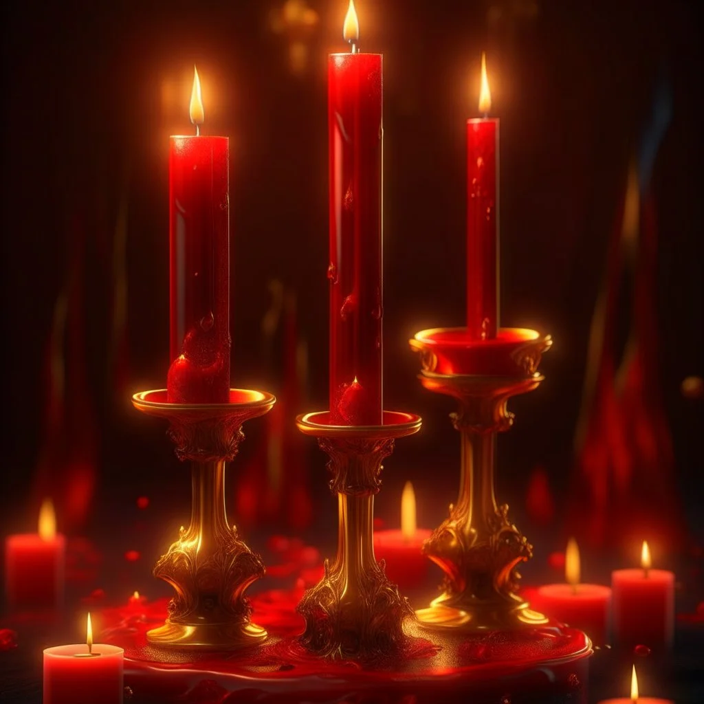 Red candles on a gold candlestick, dripping wax. Illustrative art, art interpretation, concept art, cgsociety contest winner, seasonal art, seasonal art HD, 4k, 8k, intricate, detailed, intricately detailed, luminous, translucent fantasy crystal, holographic data, soft body, shadow play, light, fog, atmospheric, cinematic, light film, hyper-detailed, hyper-realistic, masterpiece, atmospheric, high resolution, 8k, HDR, 500px, mysterious and artistic digital art, phototic, intricate, f