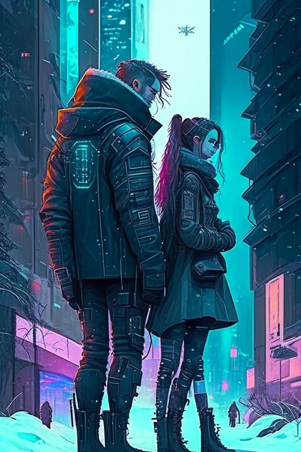 Science fiction, cyberpunk, city street, couple girl and guy, together, love at first sight, forbidden love, winter