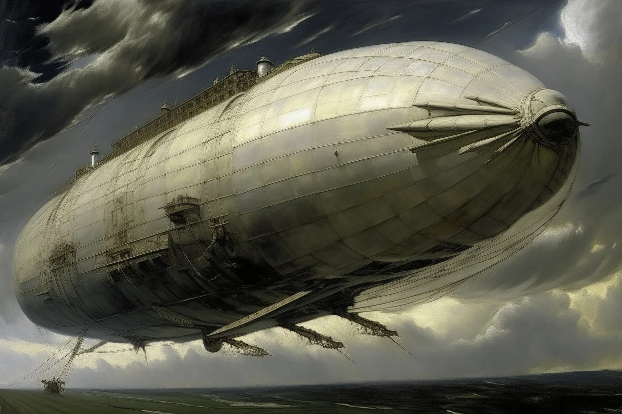 A white airship in a thunderstorm sky painted by Claude Monet