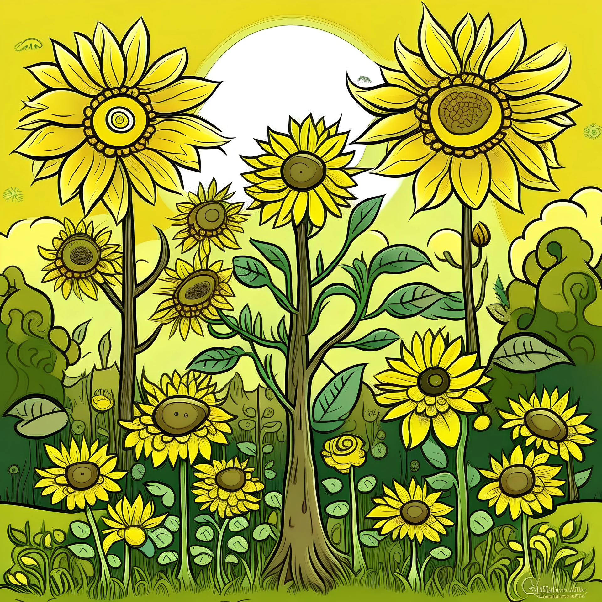 bomen met zonnestralen en paddestoeln
