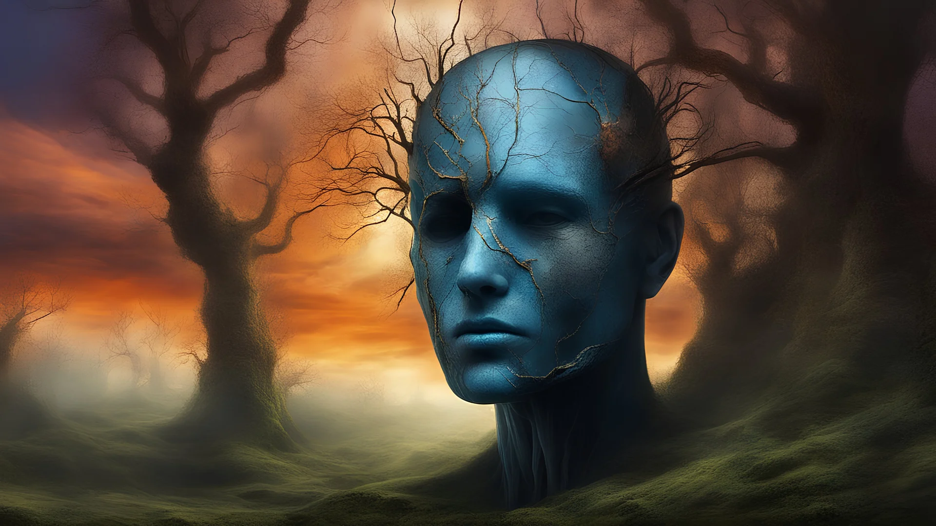 Skin bones stone face, dystopian environment, a forest can be seen through a hole in the side of the head, cracks and peeling in the face, a brain from another time, a divided mind, a portal to the distant future. Deep contrasting colors. Surrealism and abstraction by Angel Planells