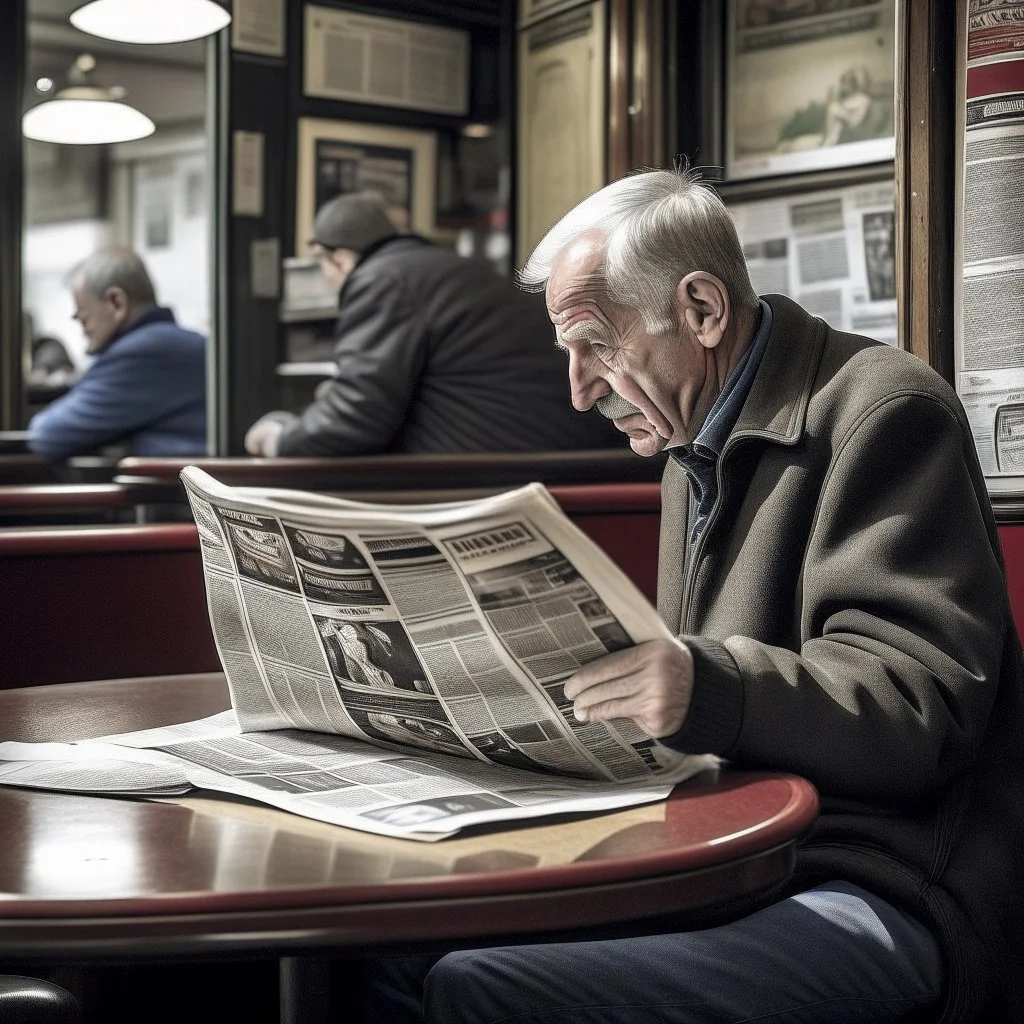 A man reads newspaper in a popular cafe