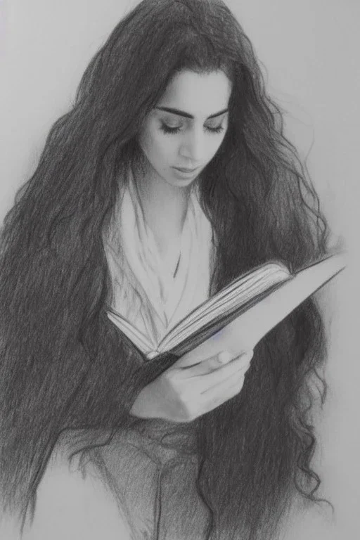 Pencil sketch of Young woman, Arab features,sad, long wavy hair, reading a book, full body، on lined paper