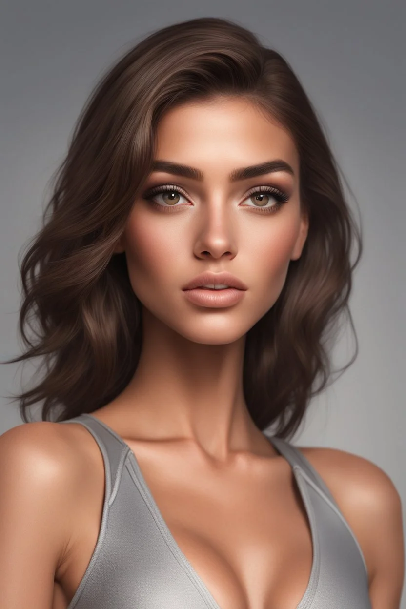 Social media influencer. Hyper realistic. Brunette. Brown eyes. Exotic. Athletic. Glamorous.