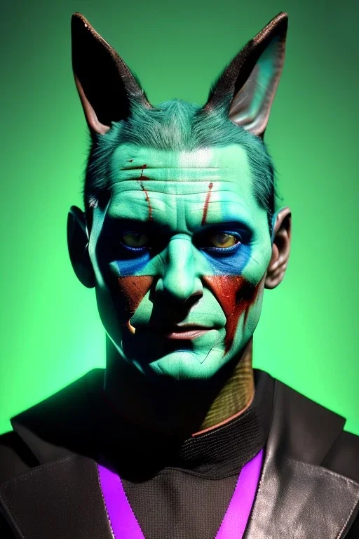 Medium Close Up Portrait, Front image. cyberpunk, rabbit mask helmet, strong man, green hair. latex suit. Purple, green, color. Joker style. Color background, photo studio. Avatar image, highly detailed, concept art, smooth, unreal engine 5, ray tracing, RTX, lumen lighting, ultra detail, volumetric lighting, 3d, finely drawn, high definition, high resolution.