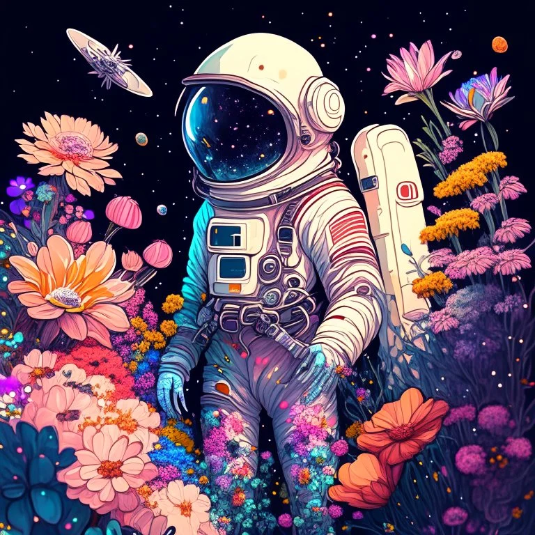 "floral astronaut" hand-drawn digital art, flowers everywhere, colorful garden, beautiful galaxy, REALISTIC, anime, 4k, high resolution, full details, 2560x1600