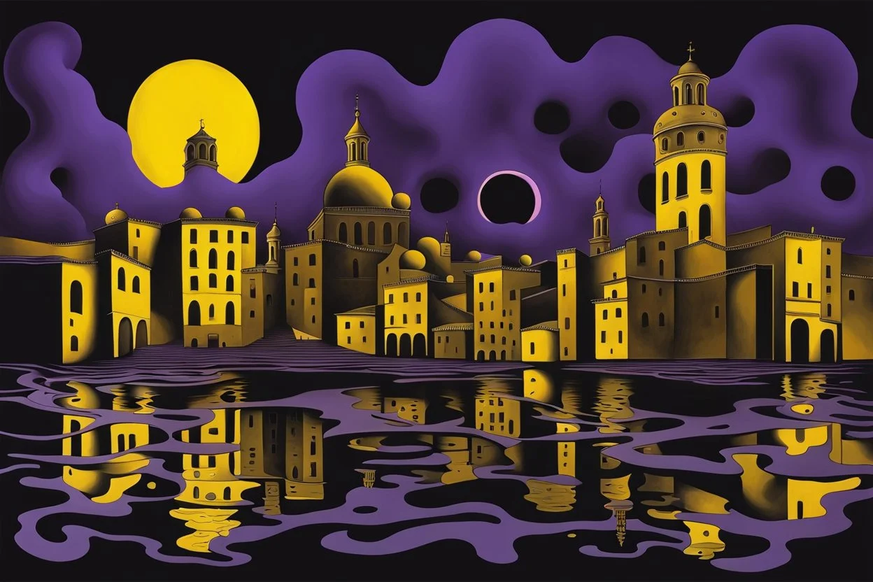 midnight in surreal old city with one big full moon, shadows on walls, strange buildings, sinister, dark clouds, by Greg Rutkowski surrealism Salvador Dali , purple-yellow, black melting oil on canvas, sinister, by Greg Rutkowski surrealism Salvador Dali matte background melting oil on canvas abstract vector fractal, wave-circle function, Zentangle, 3d shading