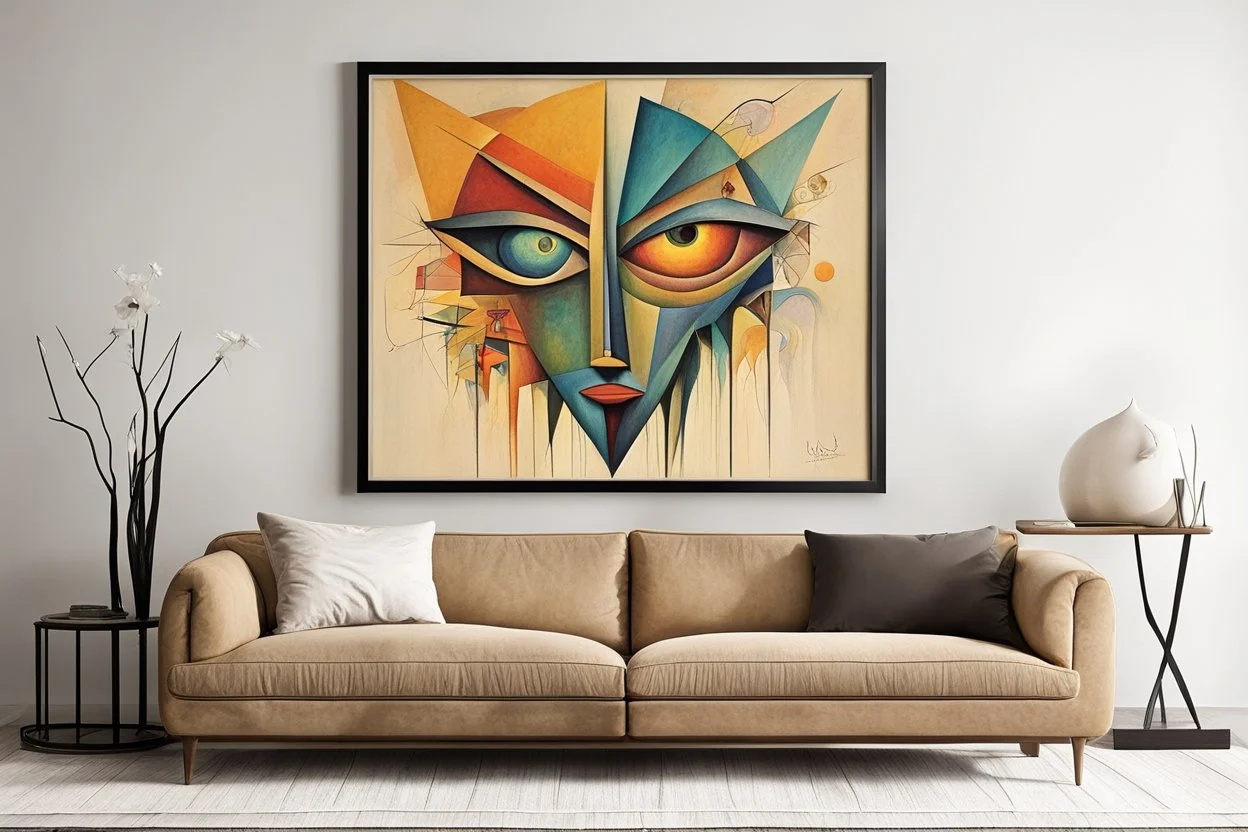 Style by Wassily Kandinsky and Wilfredo Lam and Zdzislaw Beksinski, a framed picture of a colorful bizarro textured abstract horror surrealism hanging on white wall in muted spartan functional clean living room, masterpiece, boring beige couch, harsh juxtaposition between picture and room, smooth,