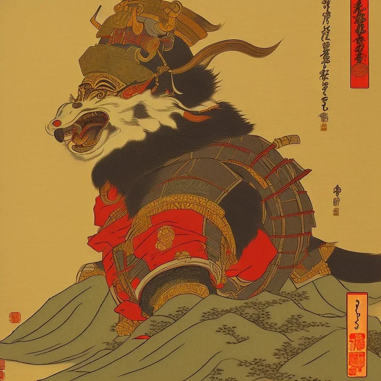 Samurai Japanese Ukiyo-e, sun in the background, walking in the mountains