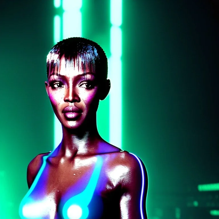 young naomi campbell, blade runner style, middle short hair, rain, fog, neon ambient, gradient color, clean skin, circuits, latex coat, cyber punk, neon, tubes, portrait, studio photo, unreal engine 5, smooth color, 16 bit, god lights, ray tracing, RTX, lumen lighting, ultra deatail, volumetric lighting, 3d, finely drawn, hd.