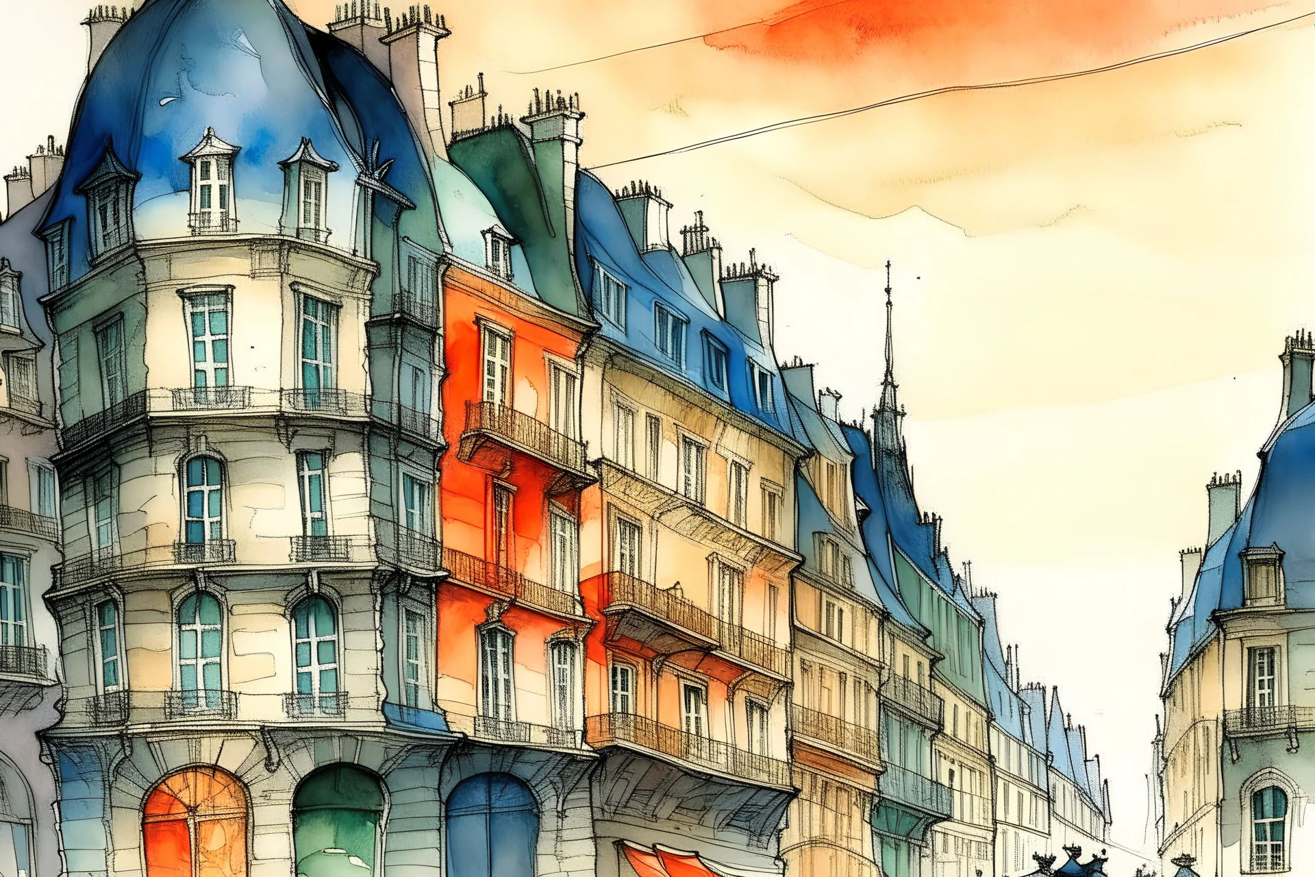 o schita urbana colorata a Palatului Versaille din Paris, acuarelă și tuș in stil Jean-Baptiste Monge cu lumini si umbre, hasurata cu linii oblice , cu outlinii de contrast la culori ,cu mare acuratete si contrast, detalii complicate, premiat, colorat, calitate clară