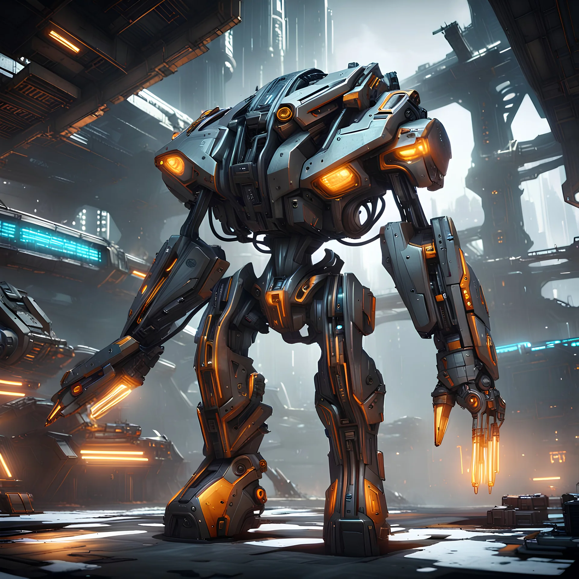 Generate a futuristic industrial scene with Grineer aesthetics, featuring rugged metallic structures, harsh lighting, and gritty textures. Incorporate Grineer symbols and color schemes, emphasizing the militaristic and mechanical aspects of their design. Include elements like heavy machinery, militarized drones, and distinctive Grineer architecture to capture the essence of the Grineer faction in Warframe.