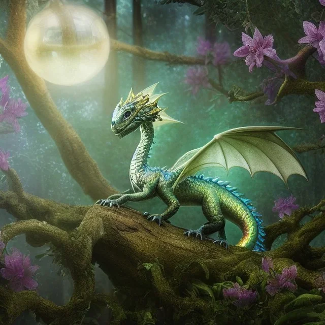 closeup of stunning, cute baby dragon with iridescent wings and glittery scales in forest with globes of light, flowers, 8k resolution, 3D octane render, intricate, sharp, crisp, digital art, detailed matte, volumetric lighting George Grie, Anne Dittman, Anne Stokes, Lisa Parker, Selina French, greg rutowski