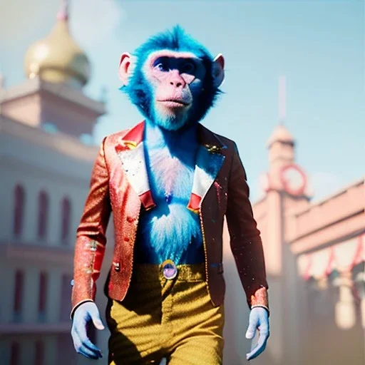 Ultra realistic circus scene. Blue Monkey man, waist up view, Wes Anderson style, happy, bubbles, party, confeti, highly detailed, concept art, unreal engine 5, god rays, ray tracing, RTX, lumen lighting, ultra detail, volumetric lighting, 3d, finely drawn, high definition, high resolution.