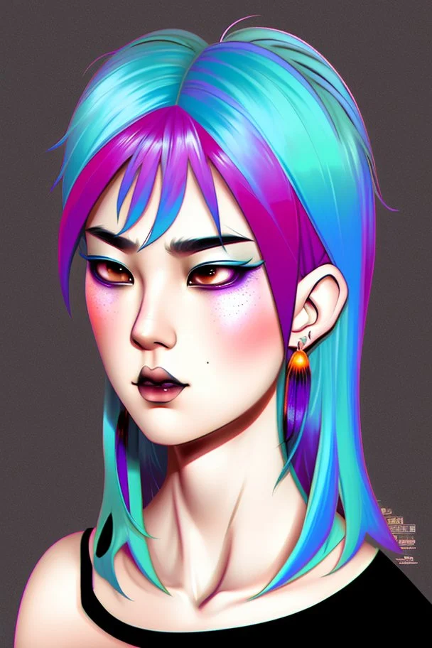 asian androgynous girl, in detailed comic illustration, piercings,rainbow hair, androgynous look, epic colour treatment, cinematic colour treatment