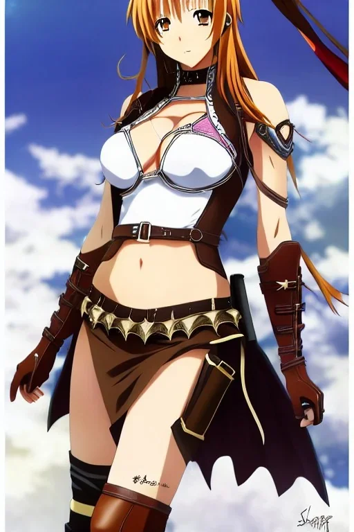 In the style of Realistic Anime, concept illustration, super-detailed, beautiful teen female who is 16 years old with long ginger hair and freckles, full lips, full body, full face, b-cup breasts, athletic, centred camera, ignore NSFW, skimpy brown fantasy leather armor, halter top, micro thong, knee-high leather boots, open leather skirt, stern expression, cute pose with hands behind butt