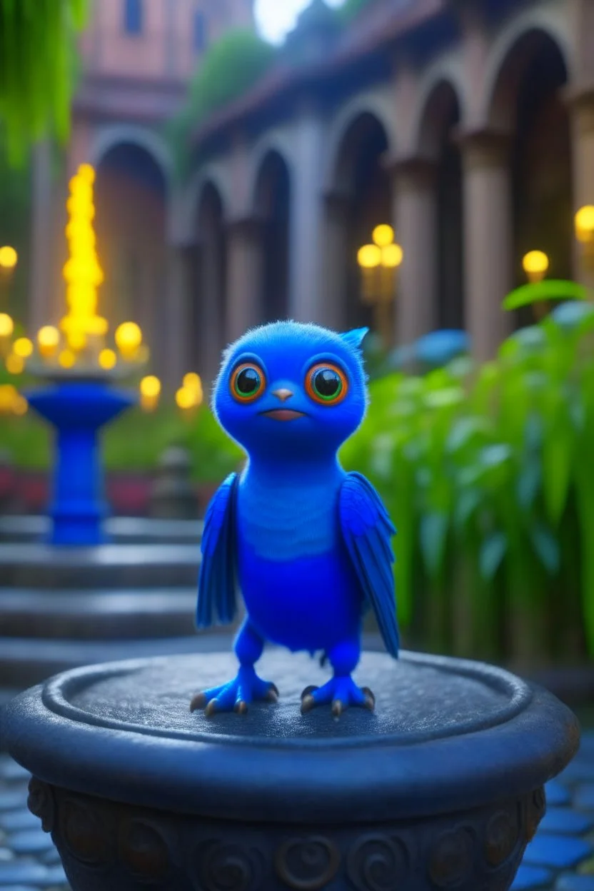 adorable cute chat priest robot with short punk hair and real human reflective eyes, blue fluffy birds by fountain in garden of st. Barbara cathedral, its such a perfect day, motion blur, smoke, 8k, downlight, soft light, depth of field, photorealism, trending on art station, lotsa detail