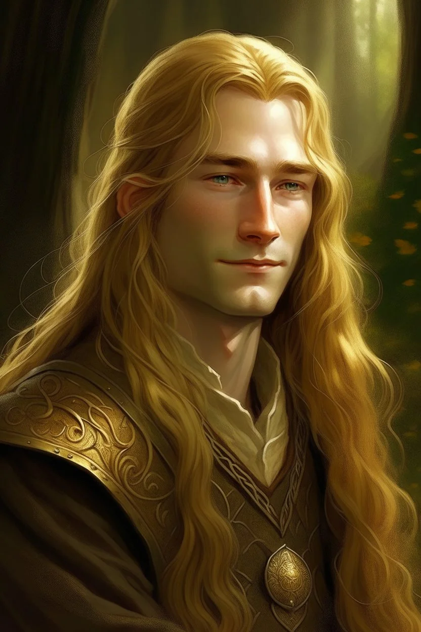 A young serene Lord Of The Rings like man with long golden hair that cascades gracefully. His calm eyes, with blind pupils, reflect a depth of wisdom and inner peace. A gentle smile graces his face, adding warmth to his tranquil demeanor.