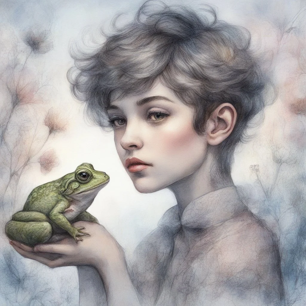Whimsical and realistic ink, charcoal, markers, and oil painting, Impressionist style, realistic textures, minimalist approach, portrait of a young woman with a pixie cut hairstyle, holding a frog, ith delicate highlights, soft and dreamy background, pastel shades, fantastical ambiance, detailed and intricate linework, fine art quality, intricate patterns, enchanting atmosphere, ethereal lighting, by a blend of Van Gogh and Mary Cassatt, Artstation. Modifiers: bokeh Nikon D850 highly detailed di