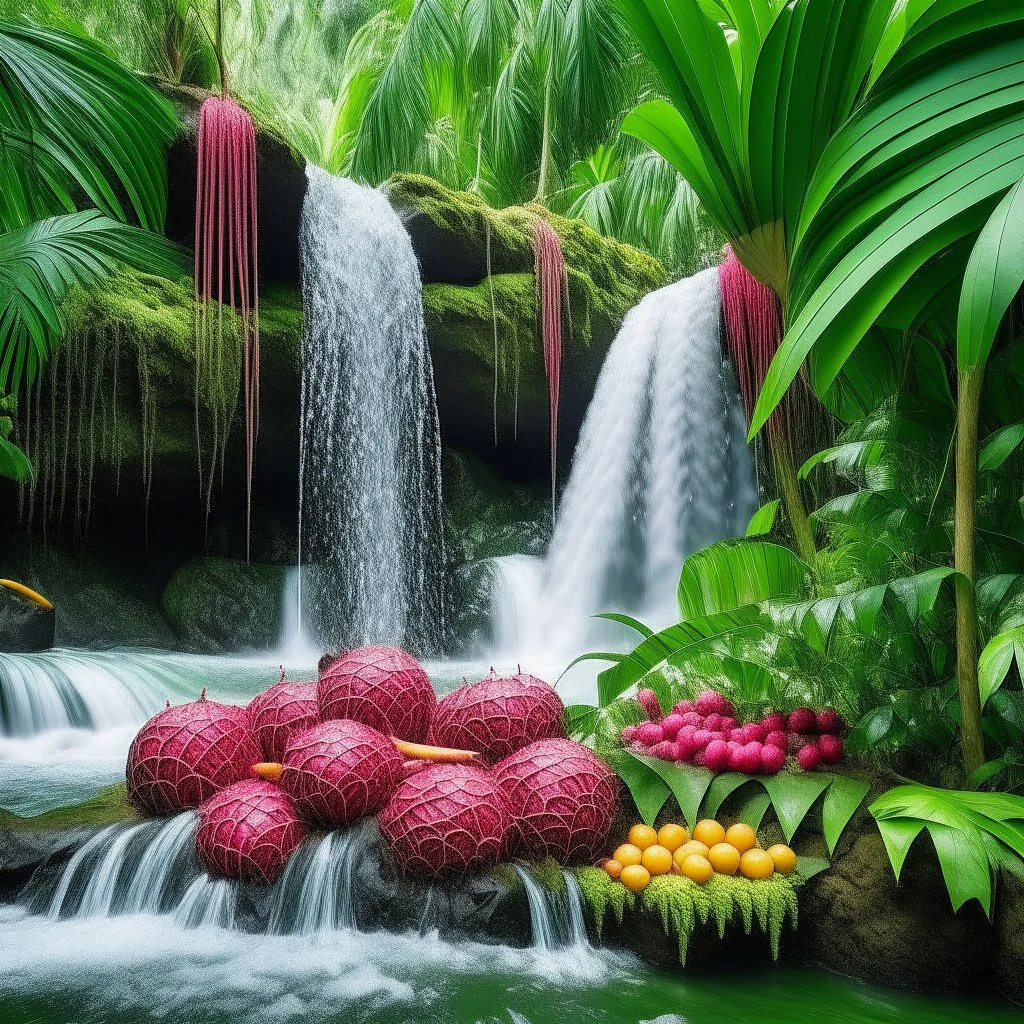 Separate waterfall with tropical leaves and dragon fruit