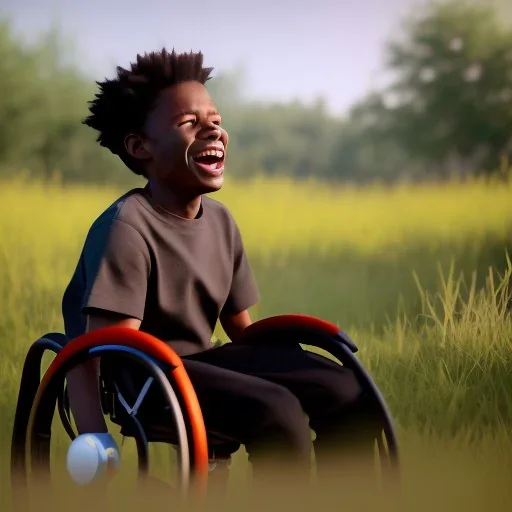 black boy joy, black teenage boy in wheelchair frolicking through a meadow with unrestrained happiness