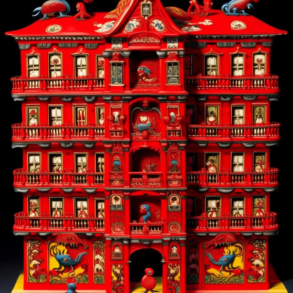 A red palace with pepper dragons designed in Matryoshka dolls painted by Andy Warhol