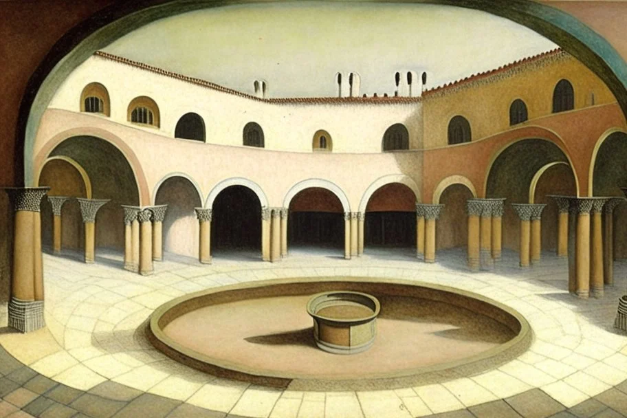 a round plaza, a Roman arcade with arches curved around it, by artist "Leonora Carrington"