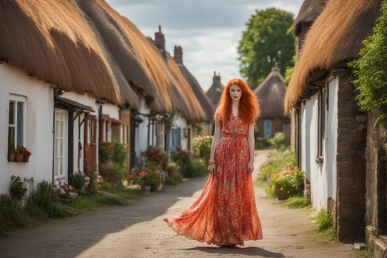 Full body shot of a tall slim pretty, red-headed young woman, dressed in a long flowing colourful dress, standing in front of a row of cottages and shops with thatched roofs