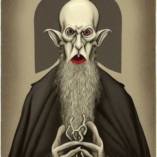 Nosferatu with a fleshy tentacle beard and fangy mouth as a Russian Orthodox