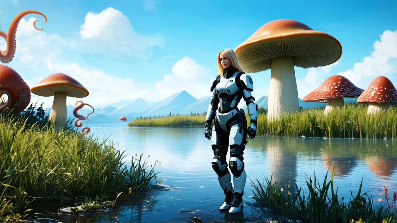 blond woman in an exosuit next to a lake with giant floating mushrooms with octopus tentacles in the distance
