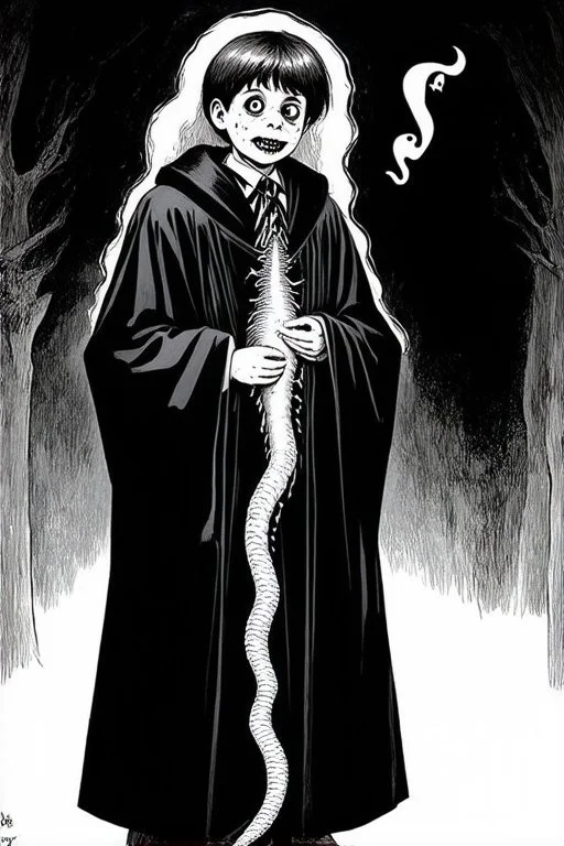 7 year old boy, necromancer, friendly, looks dead,with a long lamprey emerging from his belly , wearing black robes, with the lower body of a ghost in the style of Harry Clarke