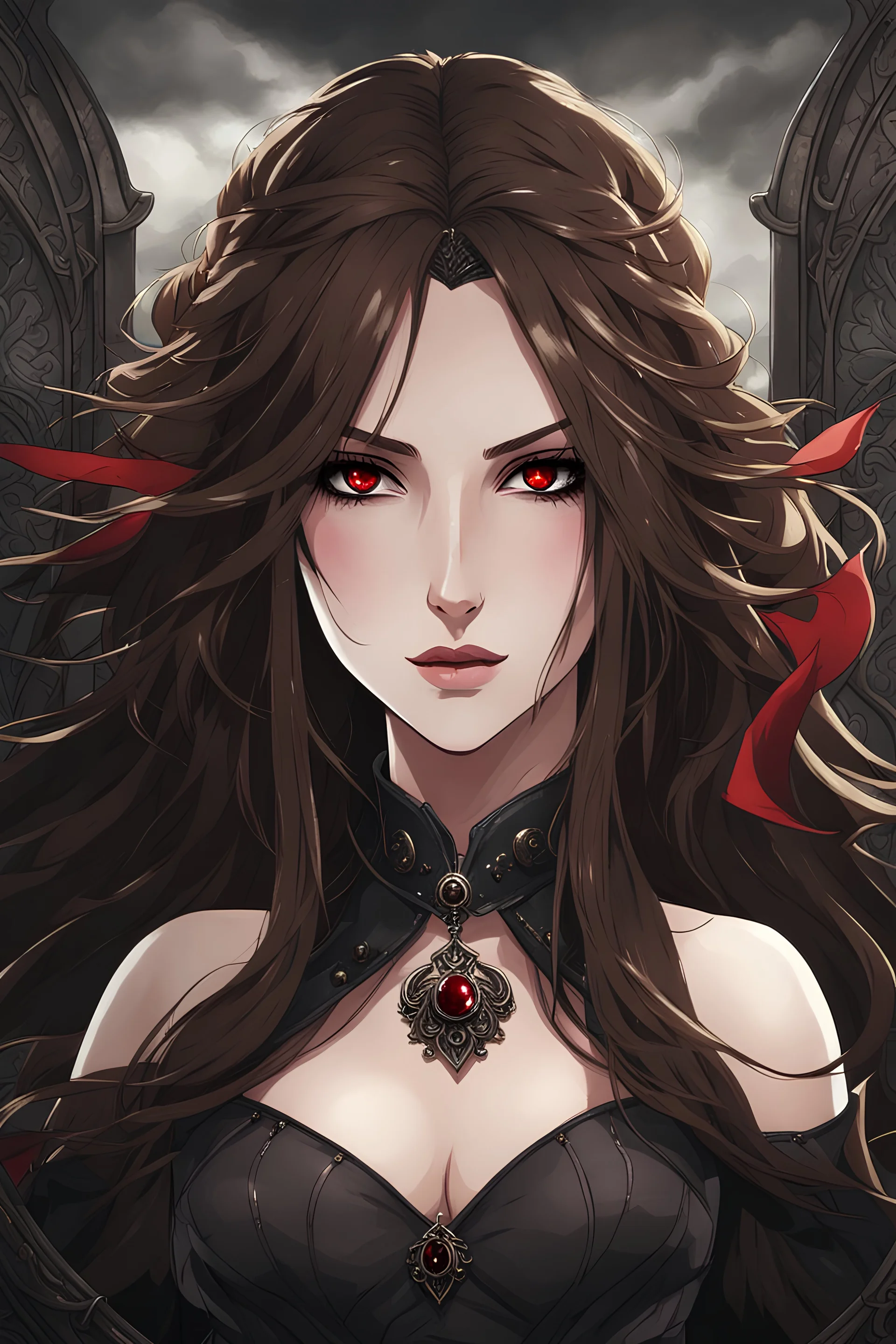 An arrogant looking young woman with pale skin and long brown hair in a stormy dark fantasy setting with intricate details. She is smirking, wearing black and read leather, has red eyes, an air of malevolent power surrounds her. Anime style. High definition.