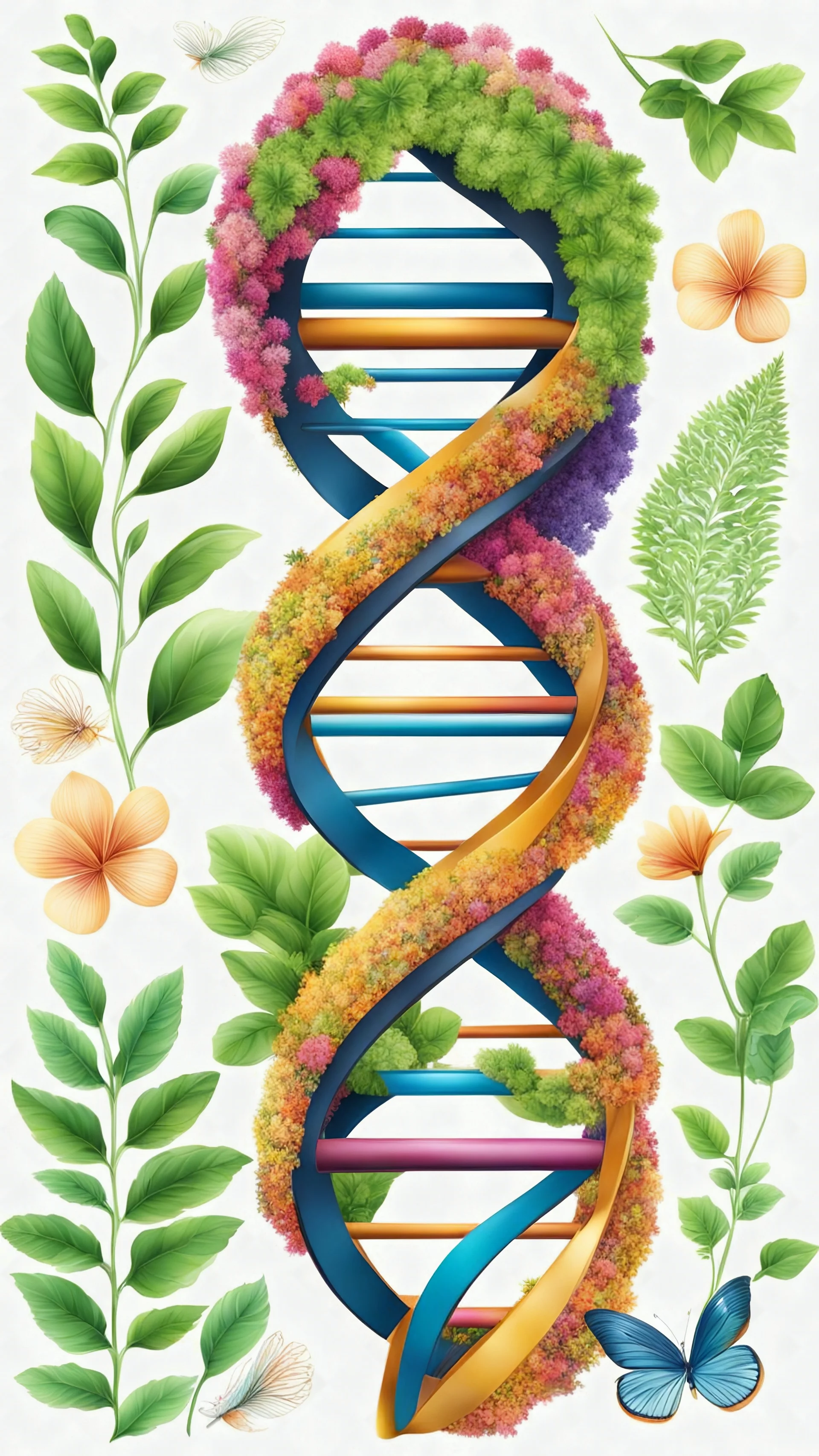 Color Logo DNA around it plants, white background, intricate details, highly detailed, high details, detailed portrait, masterpiece,ultra detailed, ultra quality