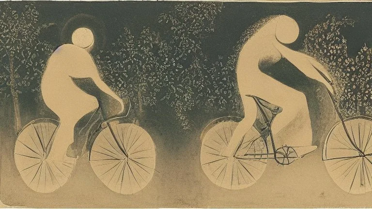 evening, in the moonlight, the shadow of a man on a bicycle , statue of a phosphorescent musical note