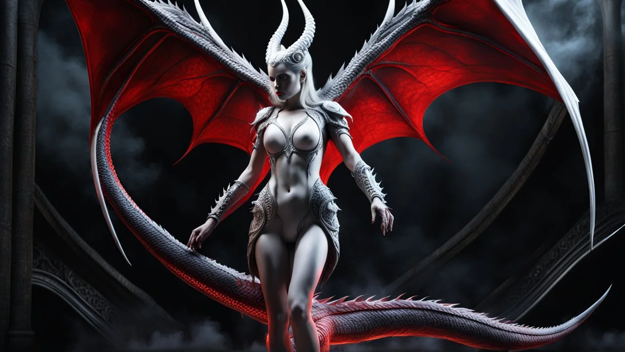 she is a dragon and a demon. hot temptress. h. r. giger. the naked truth. white and red. smoke and fire. fantasy concept art, exquisite realism, a masterpiece, dynamic lighting, hyperdetailed, intricately detailed, deep color, Unreal Engine, volumetric lighting , Epic cinematic brilliant stunning intricate meticulously detailed dramatic atmospheric maximal,