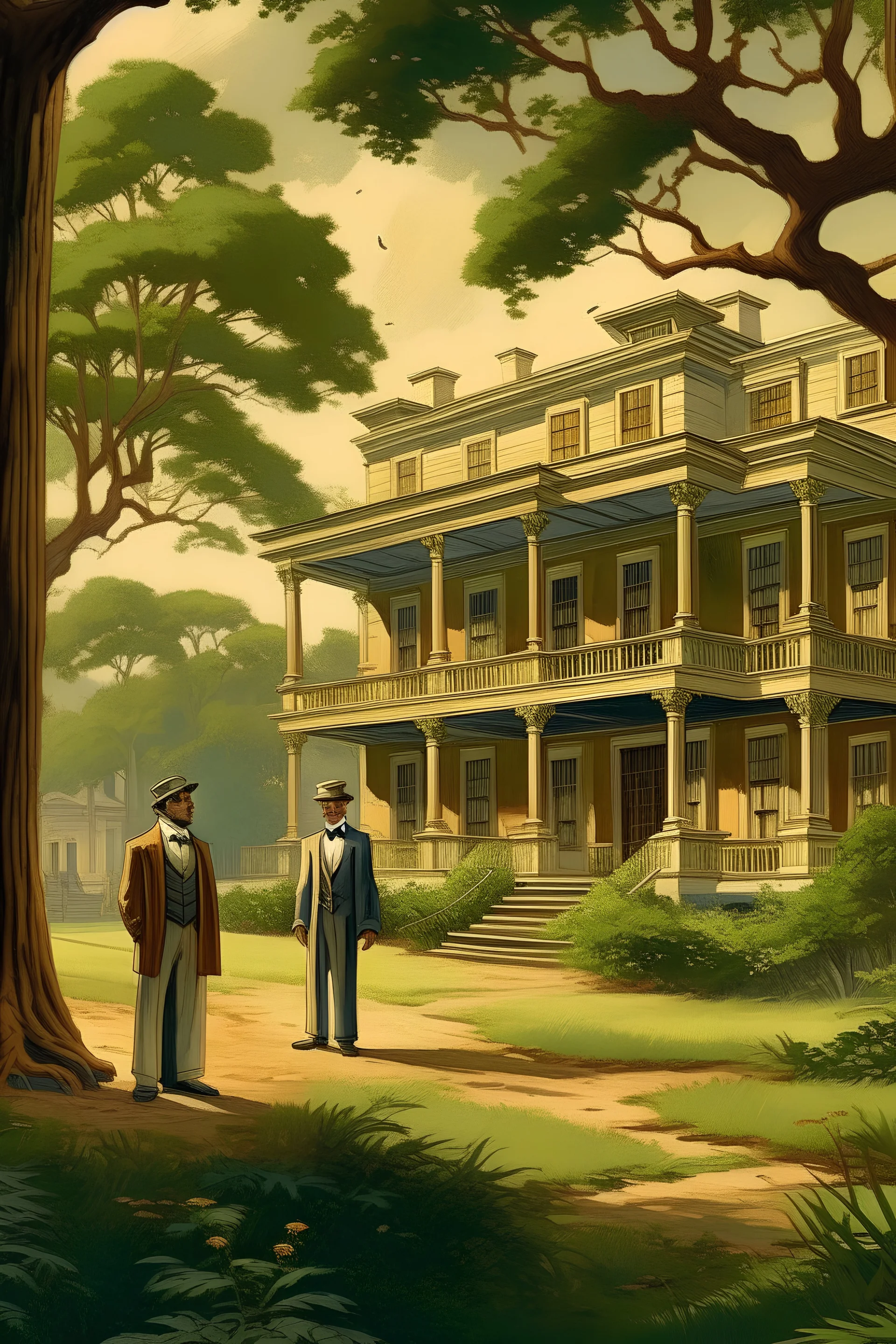 Illustrate a grand plantation setting in the 1800s, with Isaac Franklin and John Armfield as wealthy slave owners. Highlight their opulent lifestyle and the beginning of their partnership