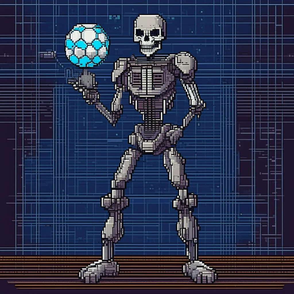 A pixel art cyberpunk version of the best football predictor master pundit soccer master skelleton