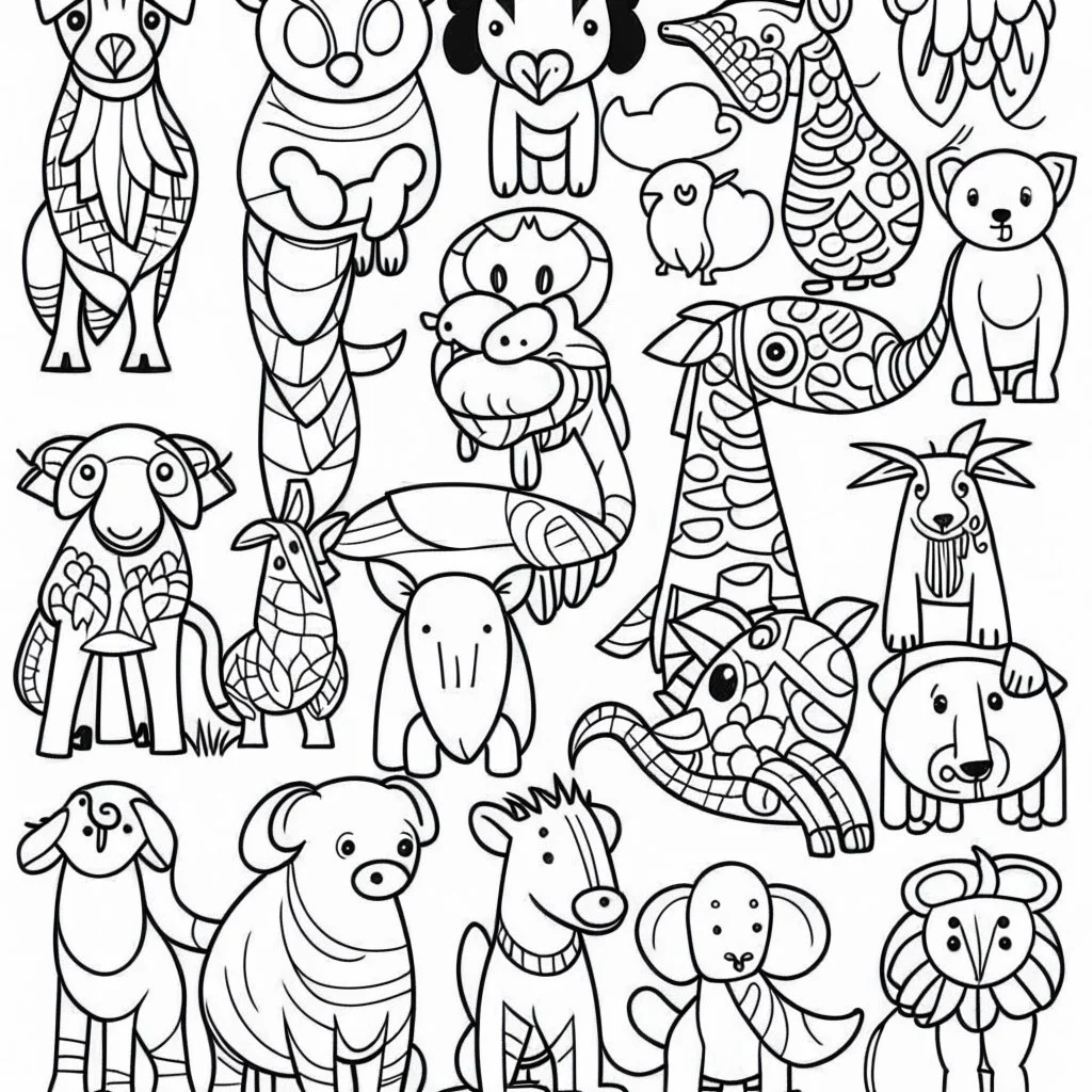 black and white drawing of animals, outlined art bold, coloring book page for kids, simple classic cartoon style, 2D v4 q2