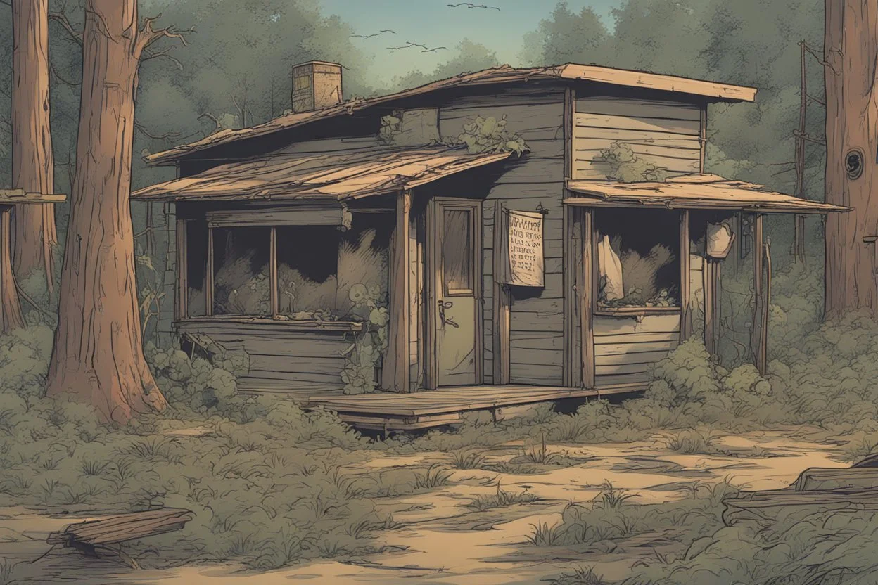 Lodge, administrative cabin, overgrown, post-apocalyptic, comic book, camp site signs