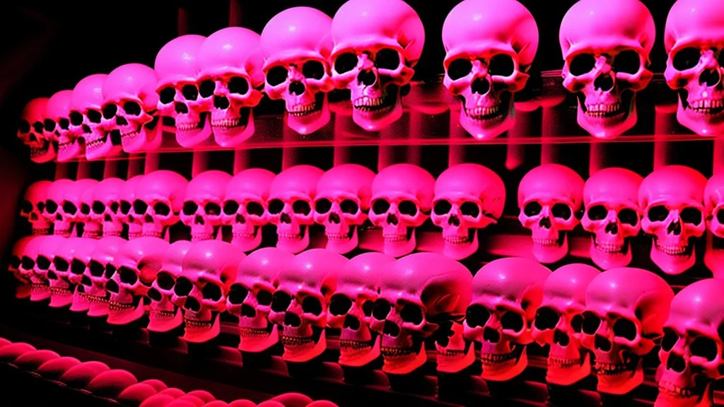 hundreds of anatomically correct, human skulls stacked into a wall unusual neon lighting, high octane, 64k, dystopian, vray, a picture of a dark, comedic, anatomically correct wall of colorful tightly packed skulls of varying sizes and expressions, photo-realistic, insanely meticulous, highly detailed,, 64k, dystopian, vray