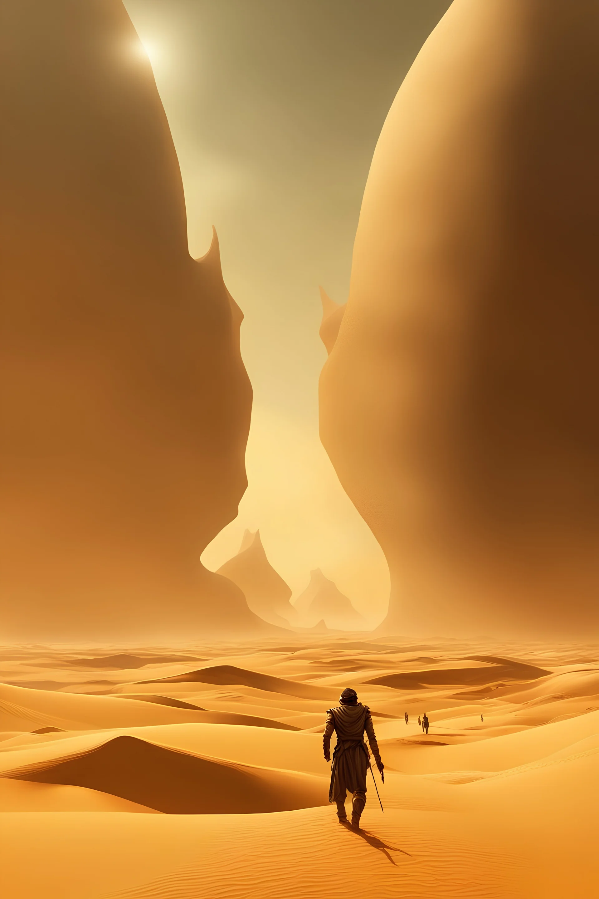 Dune-Arrakis Landscape: Panoramic image of the vast desert landscape of Arrakis, conveying the epic scale and setting of the story., Alexandro Jodorowsy Art,Juan Gimenez Art,Space Art,Sci-Fic Art,Dark Influence,NijiExpress 3D v2,Kinetic Art,Datanoshing,Oil painting,Ink v3,Splash style,Abstract Art,Abstract Tech,CyberTech Elements,Futuristic,Epic style,Illustrated v3,Deco Influence,Air Brush style,drawing