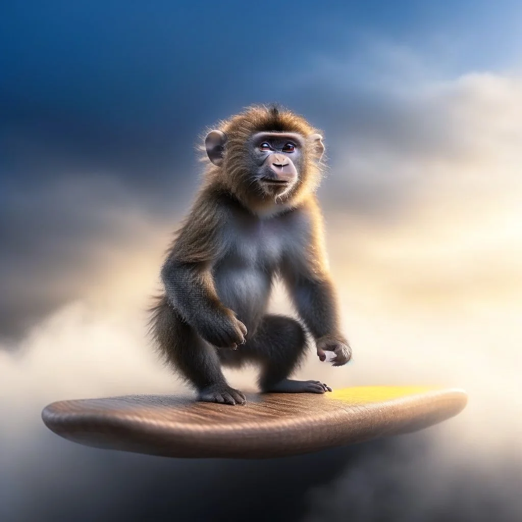 monkey on surfboard photo shoot, 8k, down-light, soft light, depth of field, photo realism, trending on art station, high detail, smoke and fog